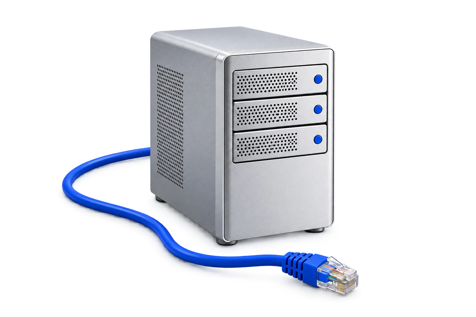 Silver server tower with a blue network cable